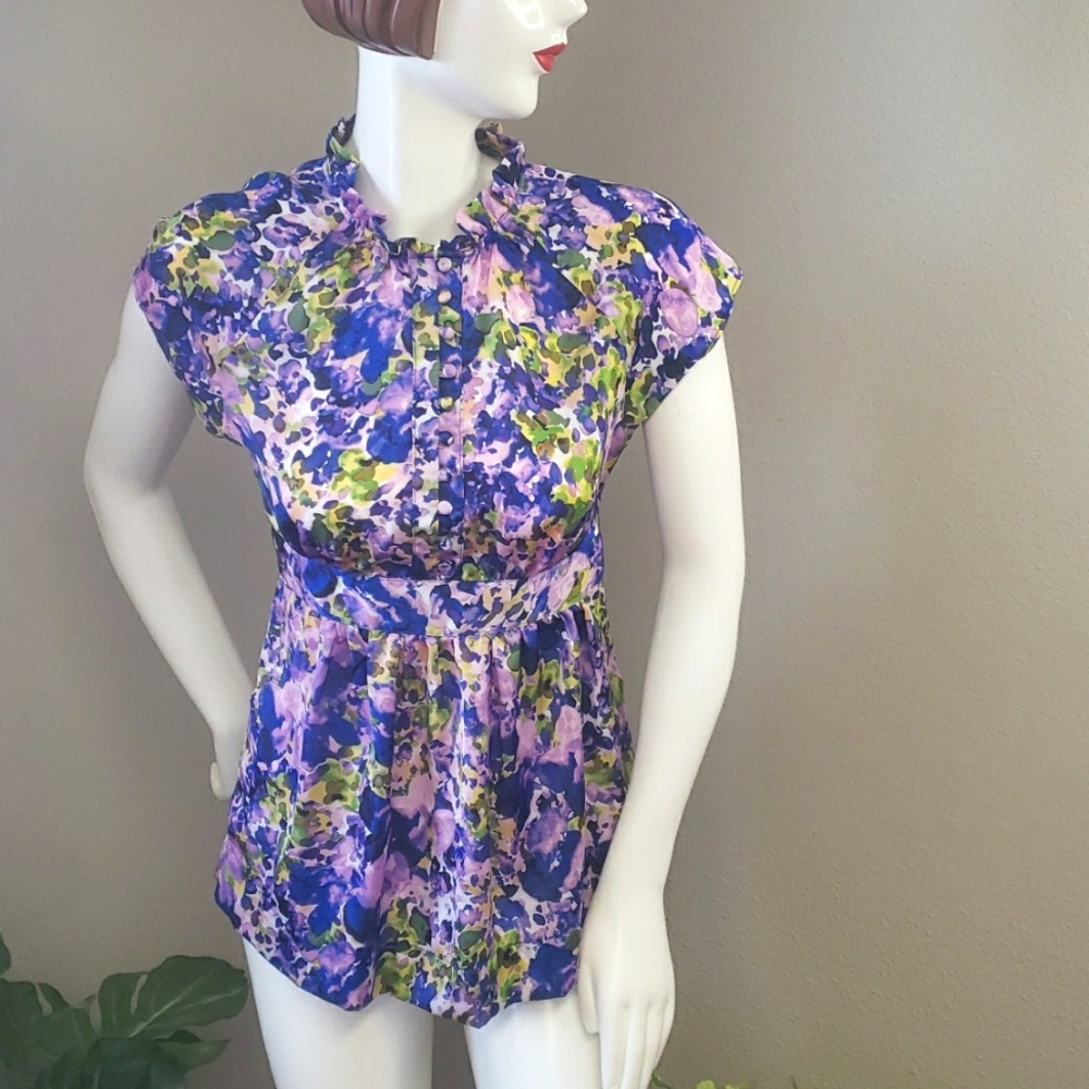 Apt 9 Ladies Blouse Watercolor Print‎ Button Up Tie Back